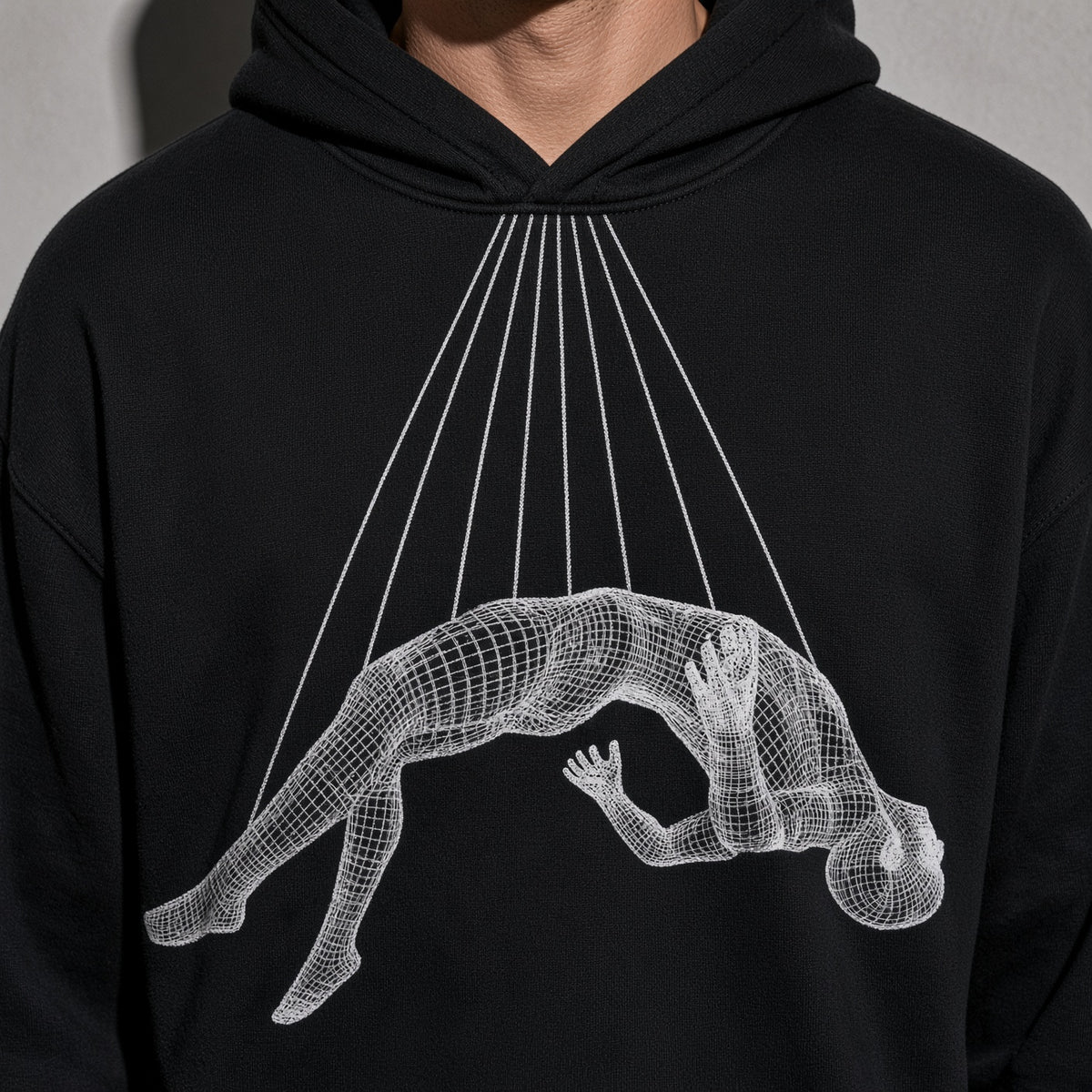 Wireframe figure hoodie graphic detail on black fleece