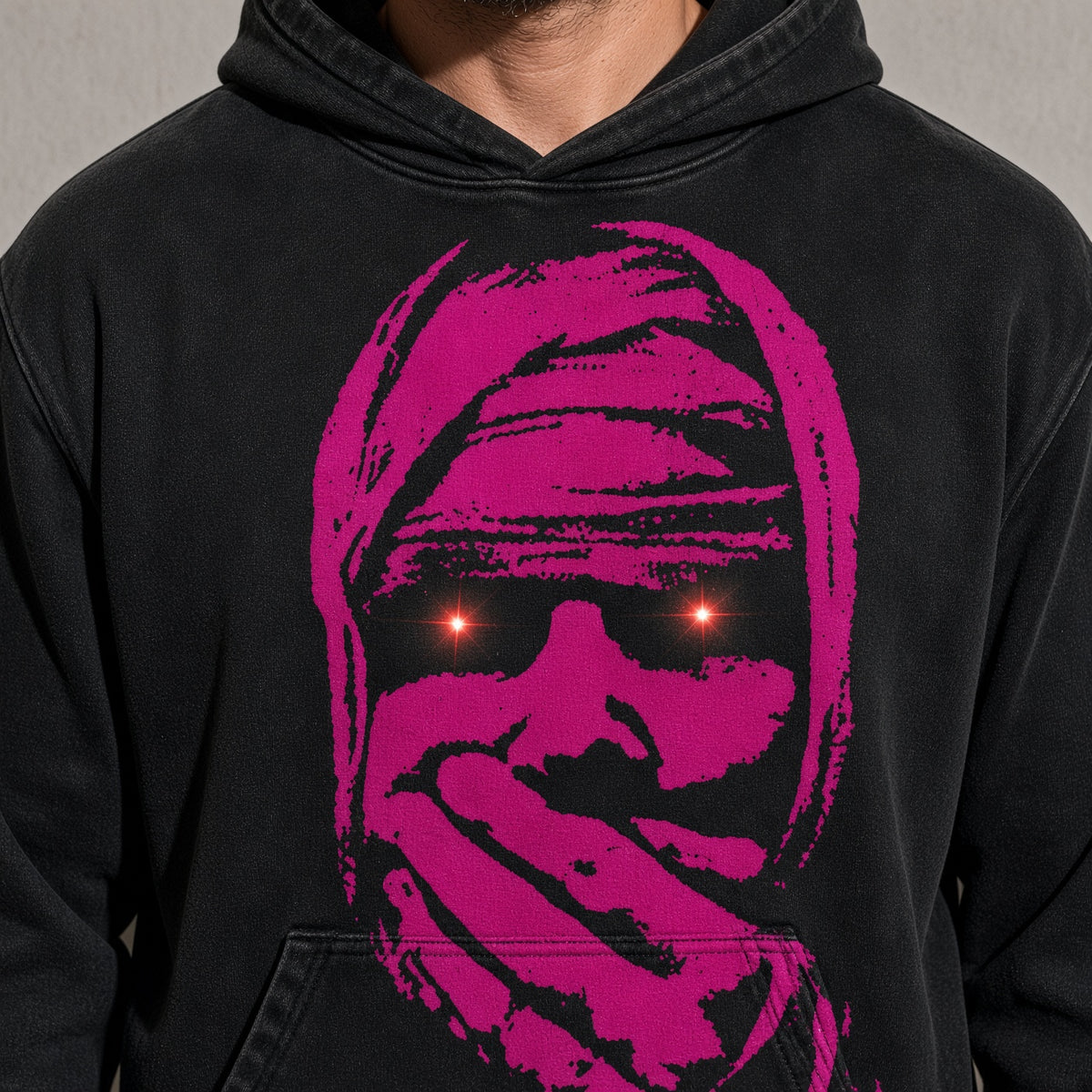 Neon masked face men's black hoodie, macro design view
