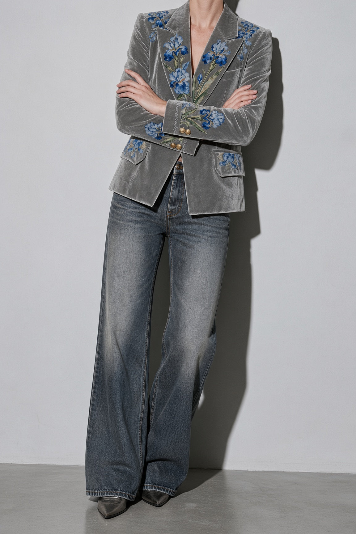 Women's Velvet Tailored Blazer with Blue Iris Floral Print & Peak Lapels