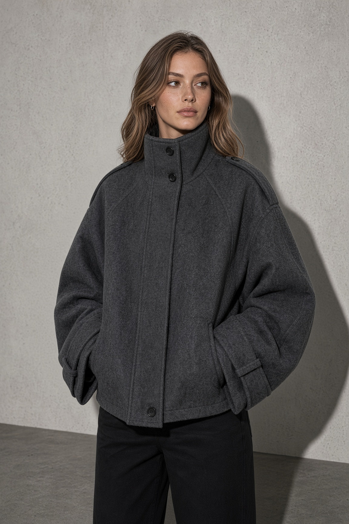 Maia | Women's High Neck Button Front Wool Blend Jacket