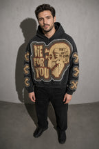 Broken heart skull men's black hoodie, zoom-detail view