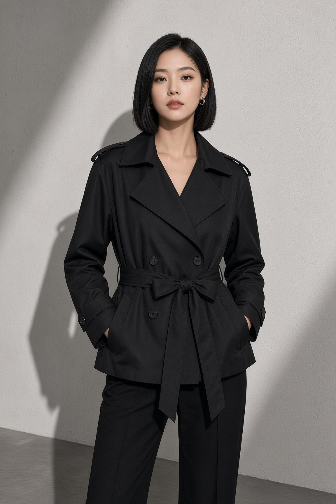 Women's Coat Belted Trench Double-Breasted Front