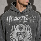 Heartless skeleton men's black hoodie, macro design view