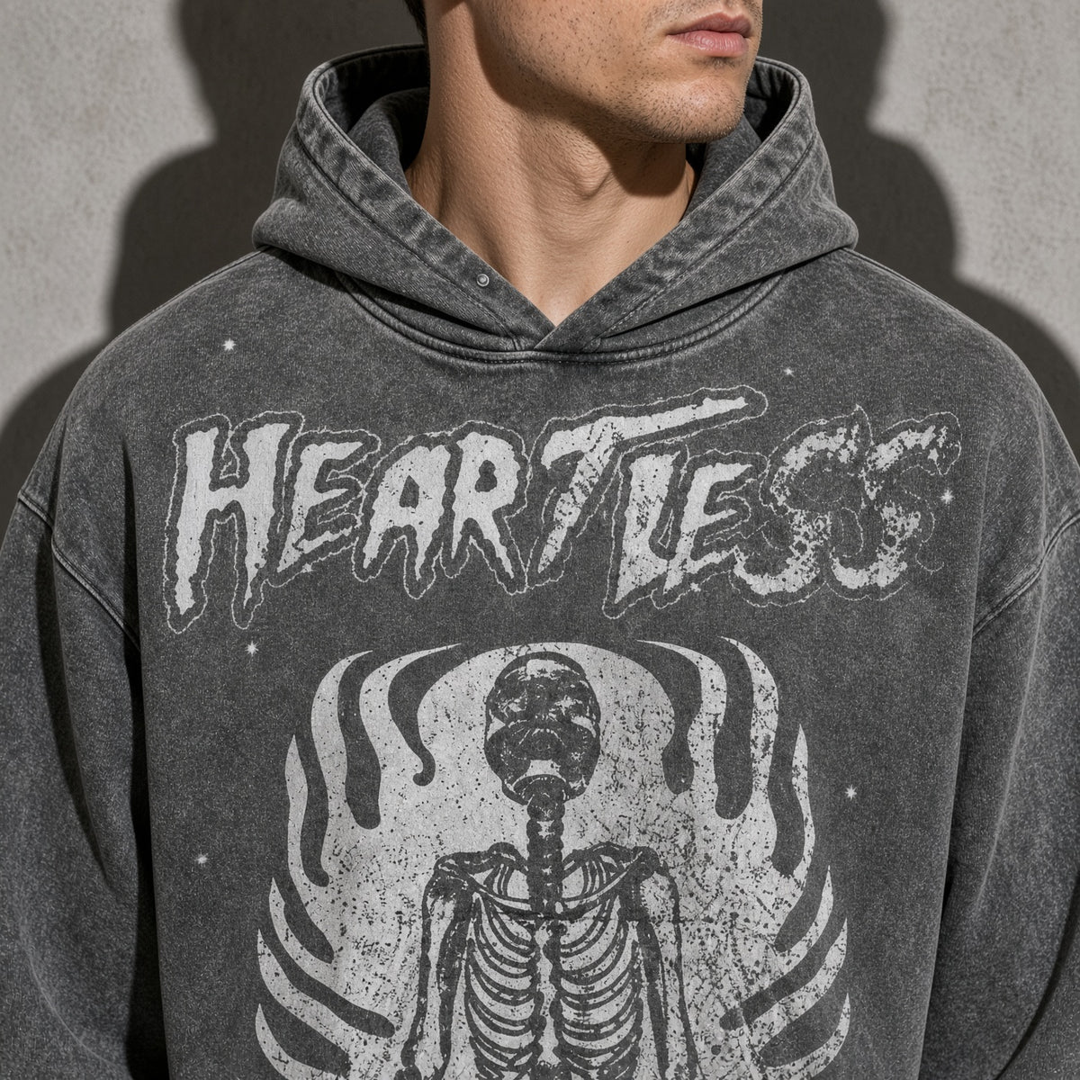 Heartless skeleton men's black hoodie, macro design view