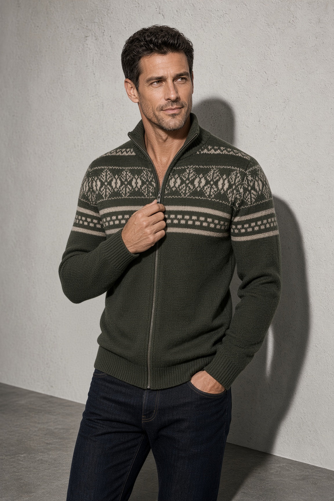 Men's Cardigan Fair Isle Zip-Up Front