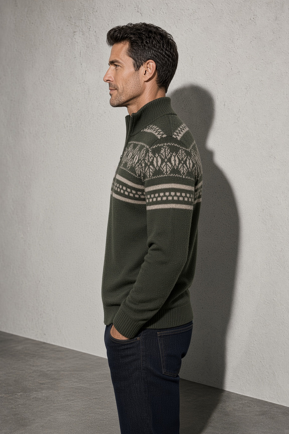 Men's Cardigan Fair Isle Zip-Up Front