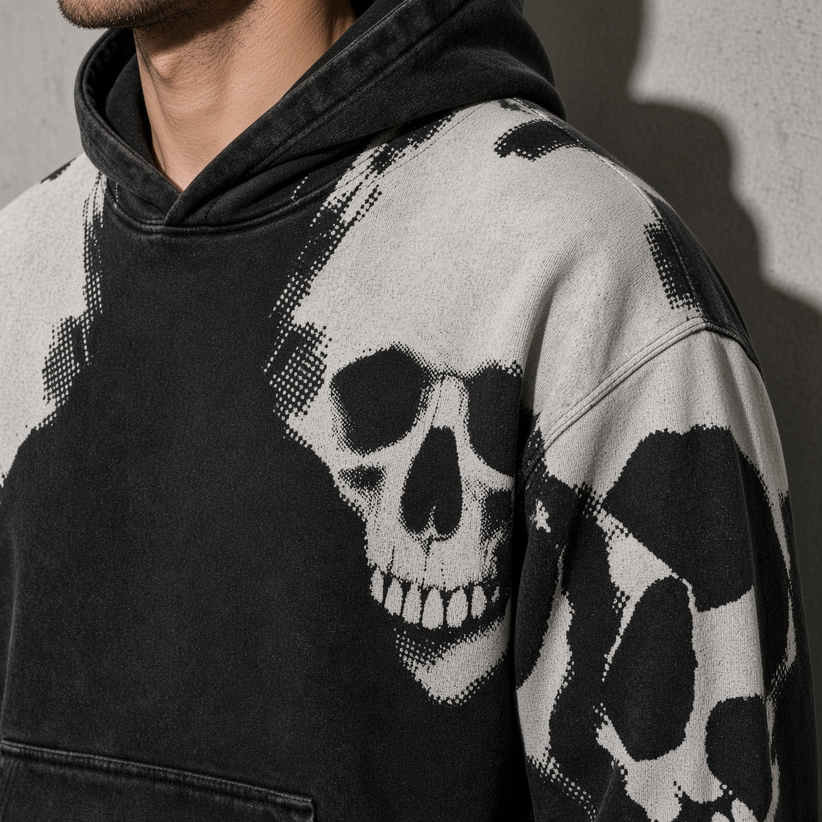 Twin skull colorblock men's black hoodie, macro design view