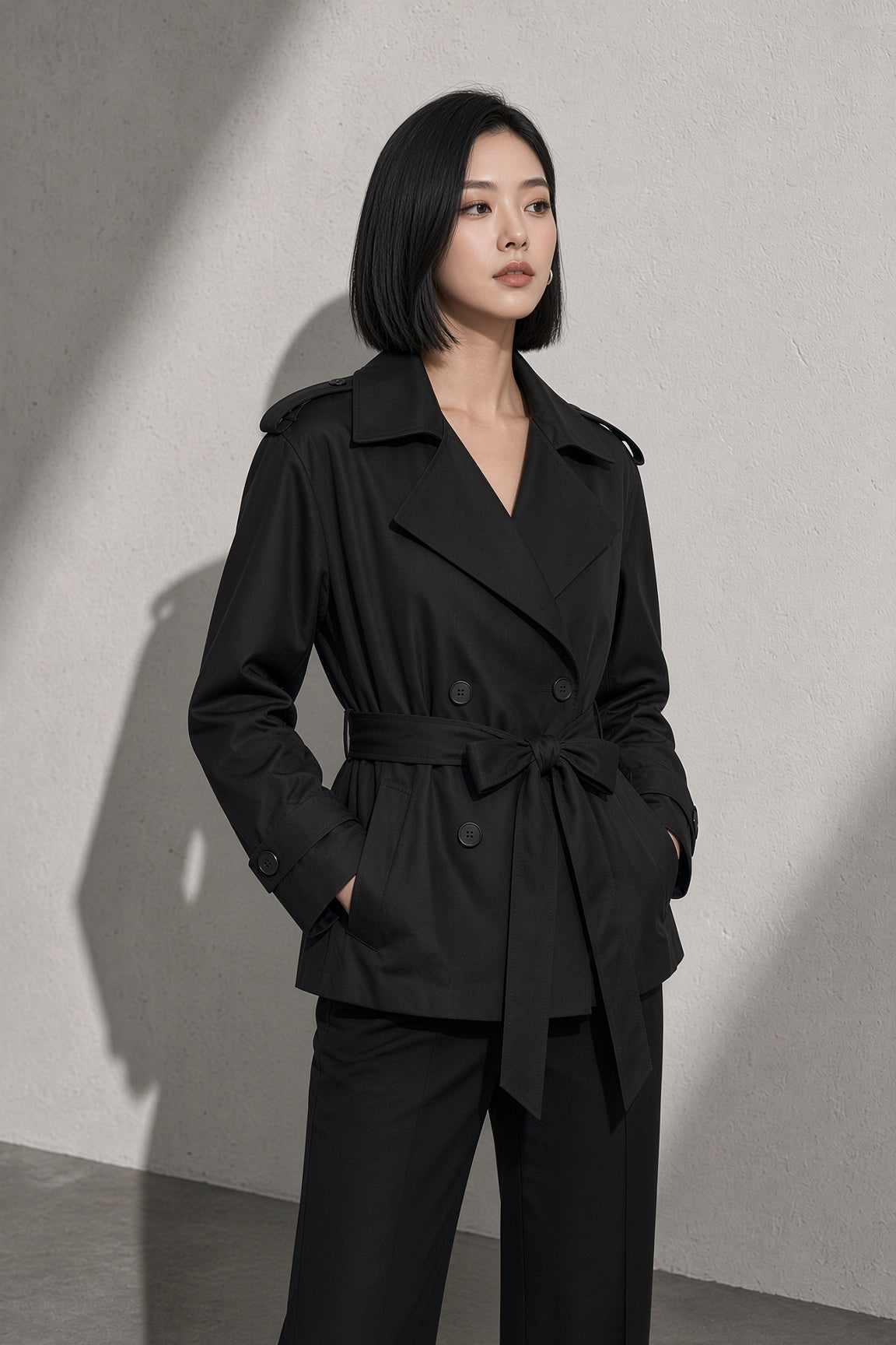 Women's Coat Belted Trench Double-Breasted Front