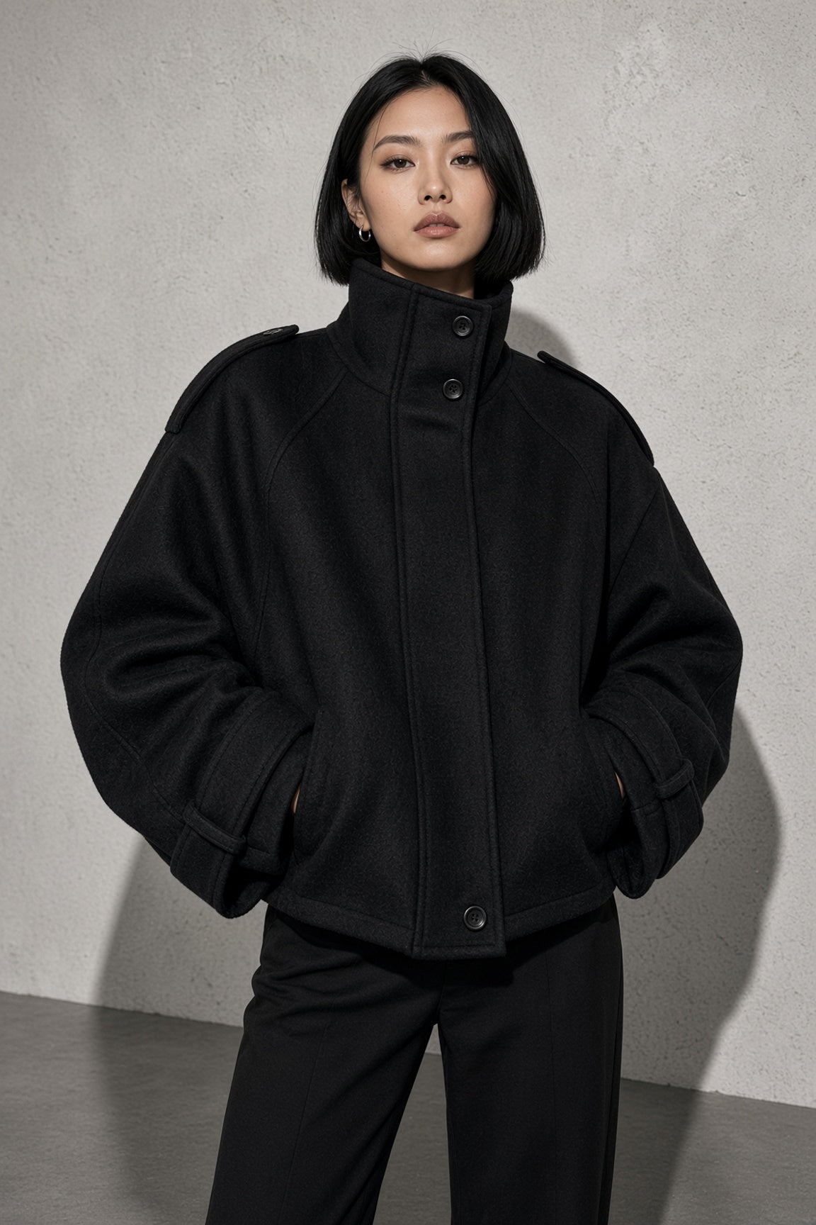 Maia | Women's High Neck Button Front Wool Blend Jacket