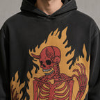 Flaming skeleton men's black hoodie, macro design view