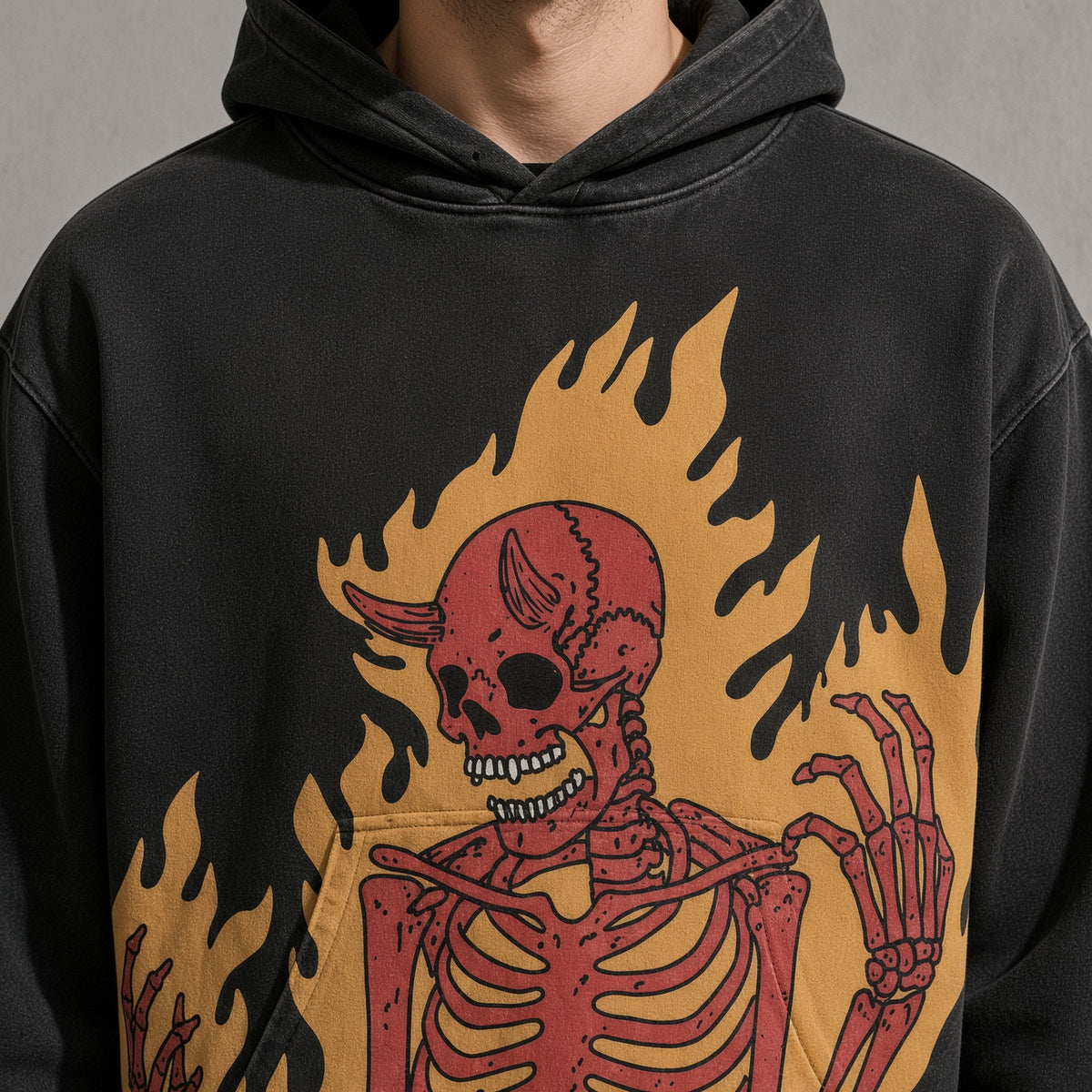 Flaming skeleton men's black hoodie, macro design view