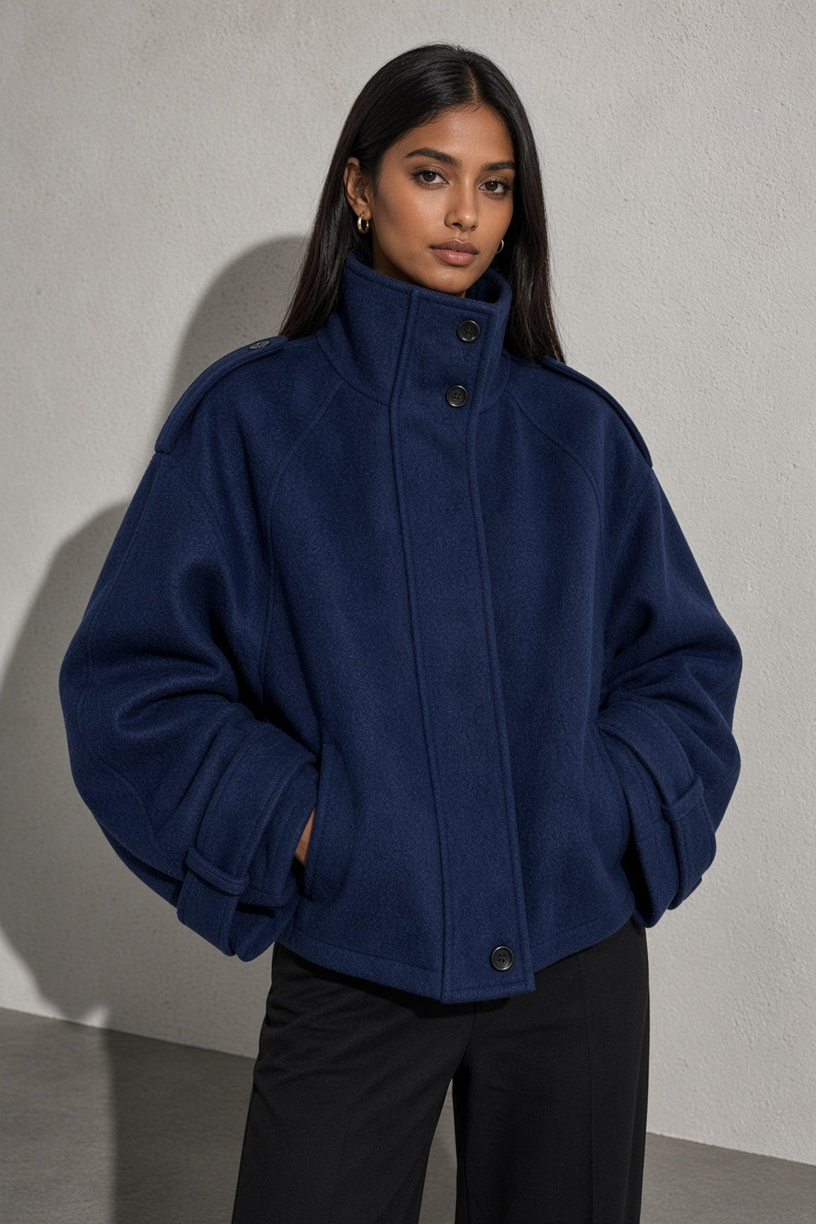 Maia | Women's High Neck Button Front Wool Blend Jacket