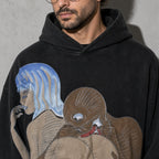 Surrealist figures hoodie graphic detail on black fleece