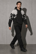 Twin skull colorblock men's black hoodie, full-body view