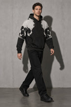 Twin skull colorblock men's black hoodie, full-body view