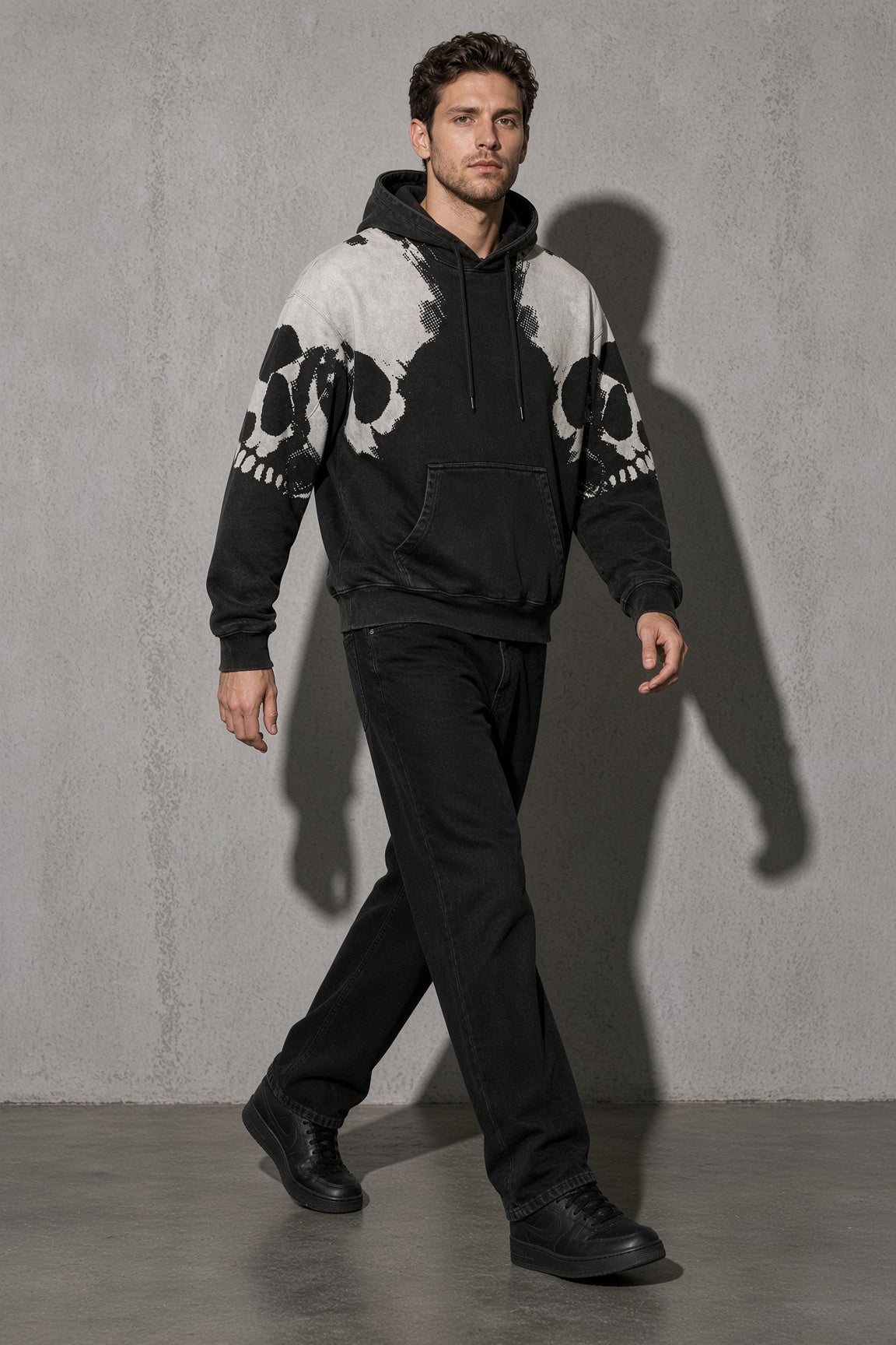 Twin skull colorblock men's black hoodie, full-body view