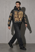 Broken heart skull men's black hoodie, full-body view