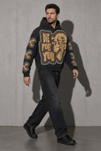 Broken heart skull men's black hoodie, full-body view