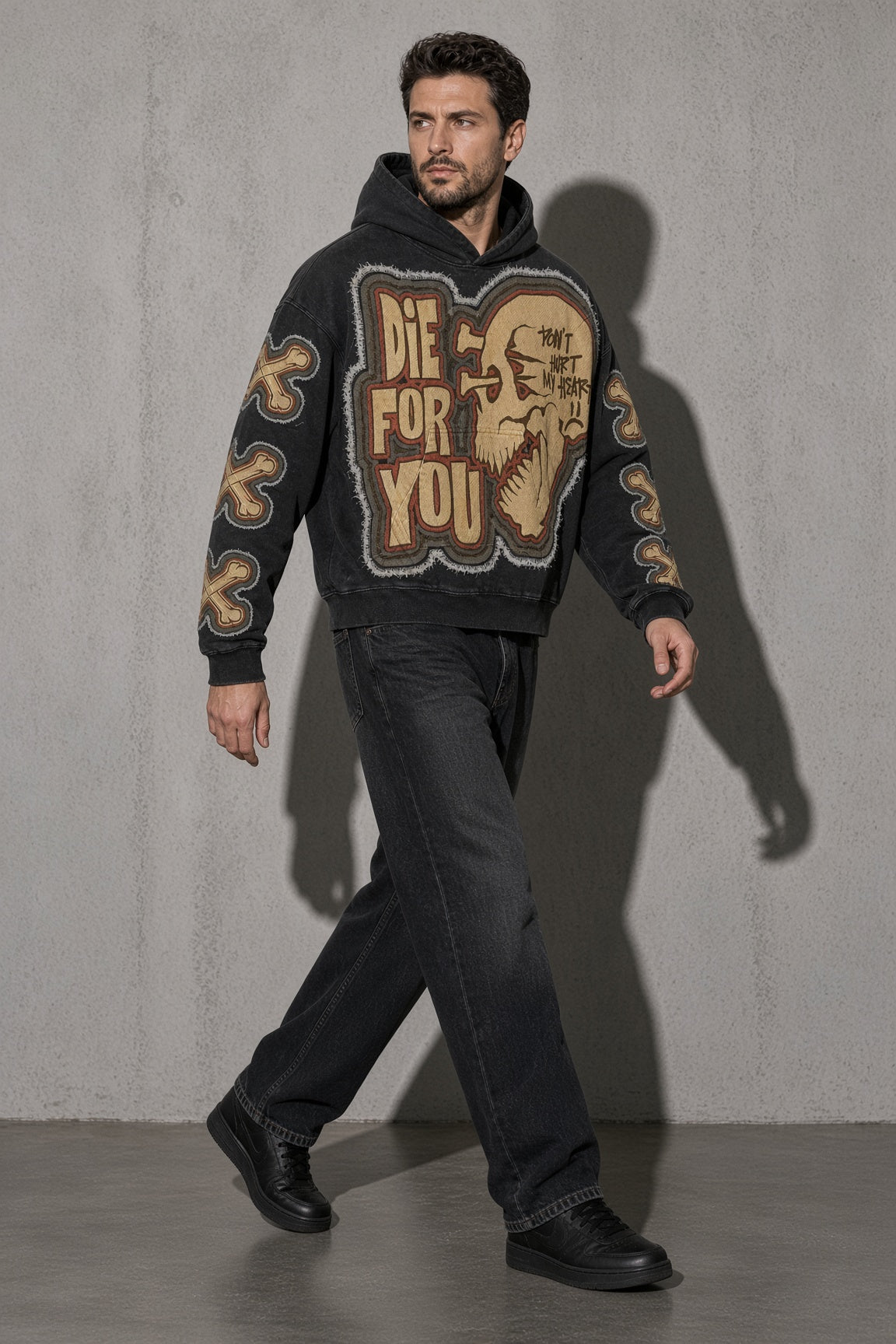 Broken heart skull men's black hoodie, full-body view
