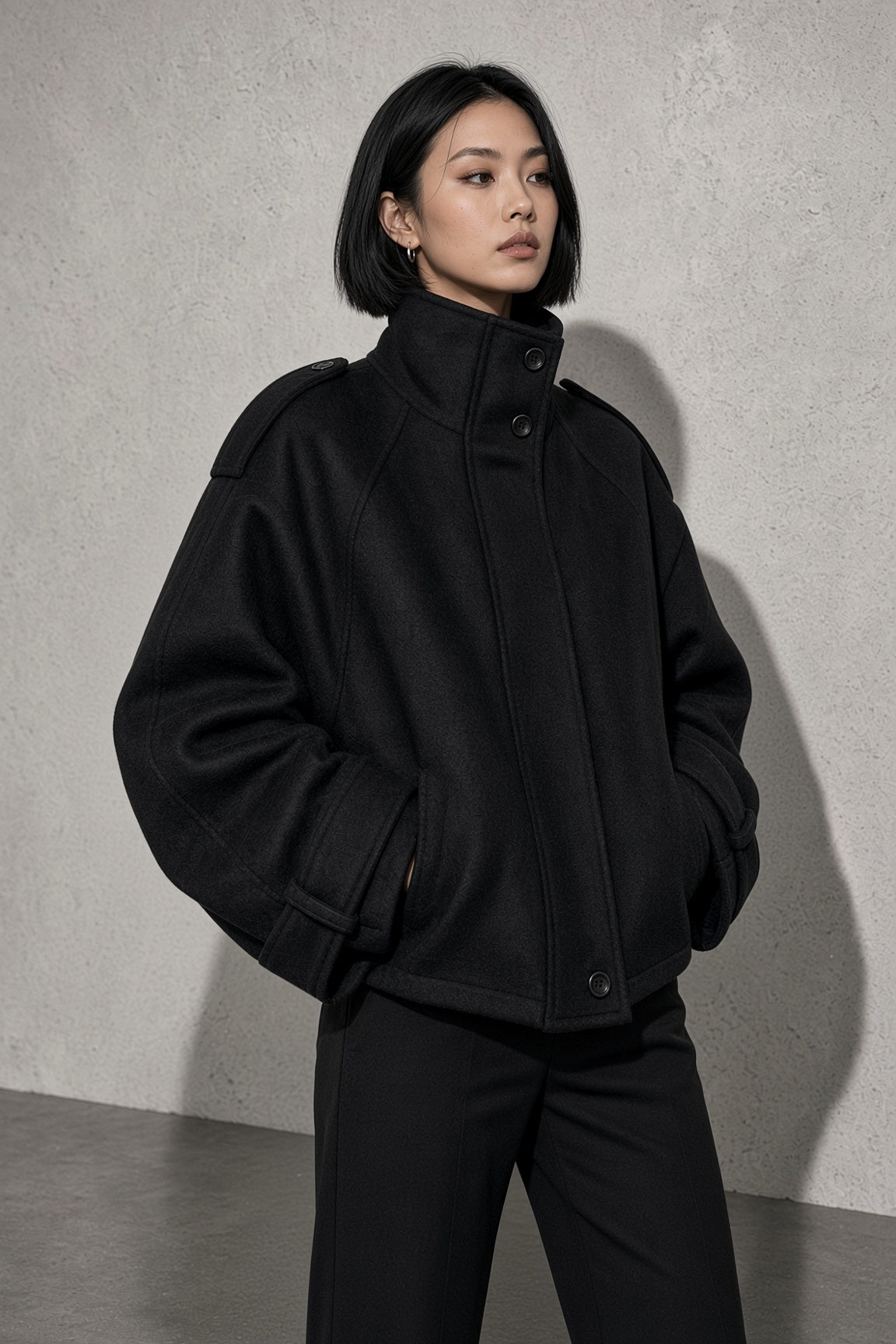 Maia | Women's High Neck Button Front Wool Blend Jacket