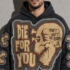 Broken heart skull men's black hoodie, macro design view