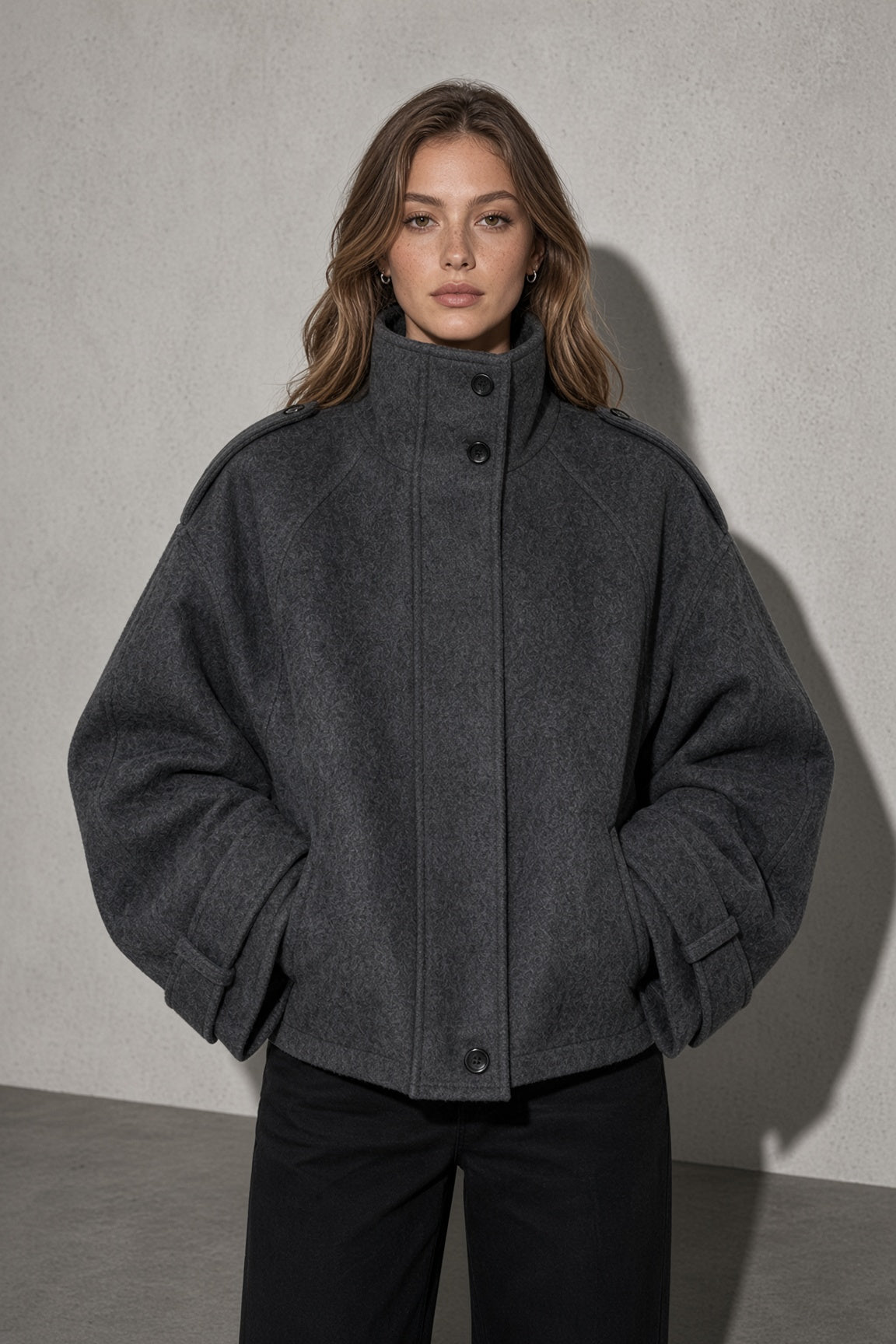 Maia | Women's High Neck Button Front Wool Blend Jacket