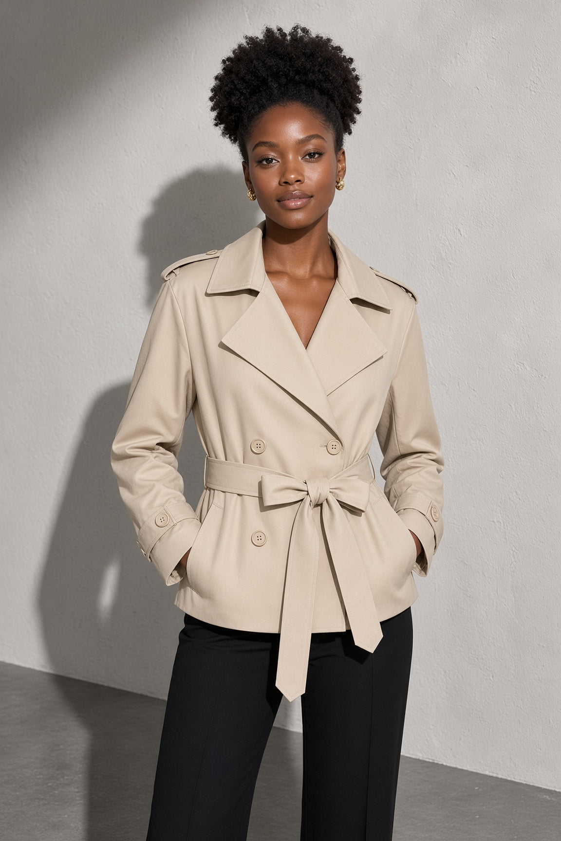 Women's Coat Belted Trench Double-Breasted Front
