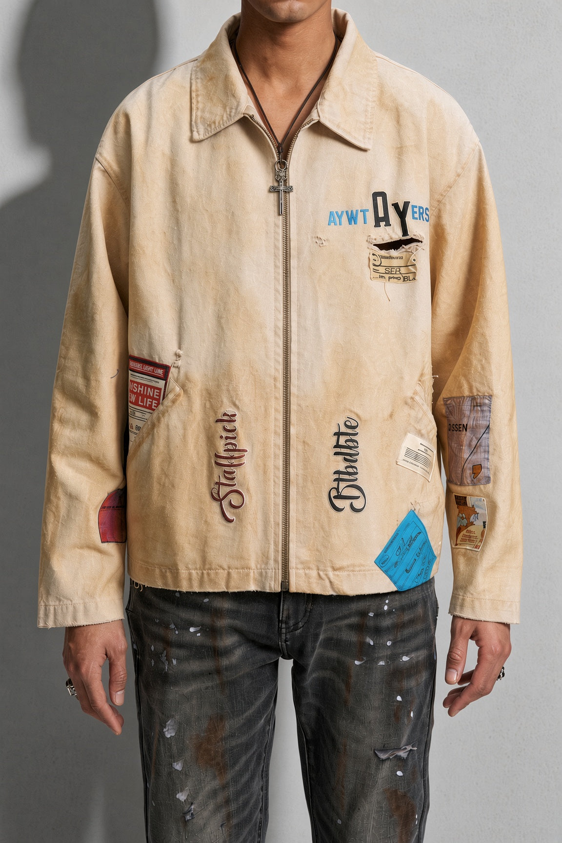Unisex Vintage Washed Khaki Canvas Zip-Up Jacket with Graphic Patches & Embroidery