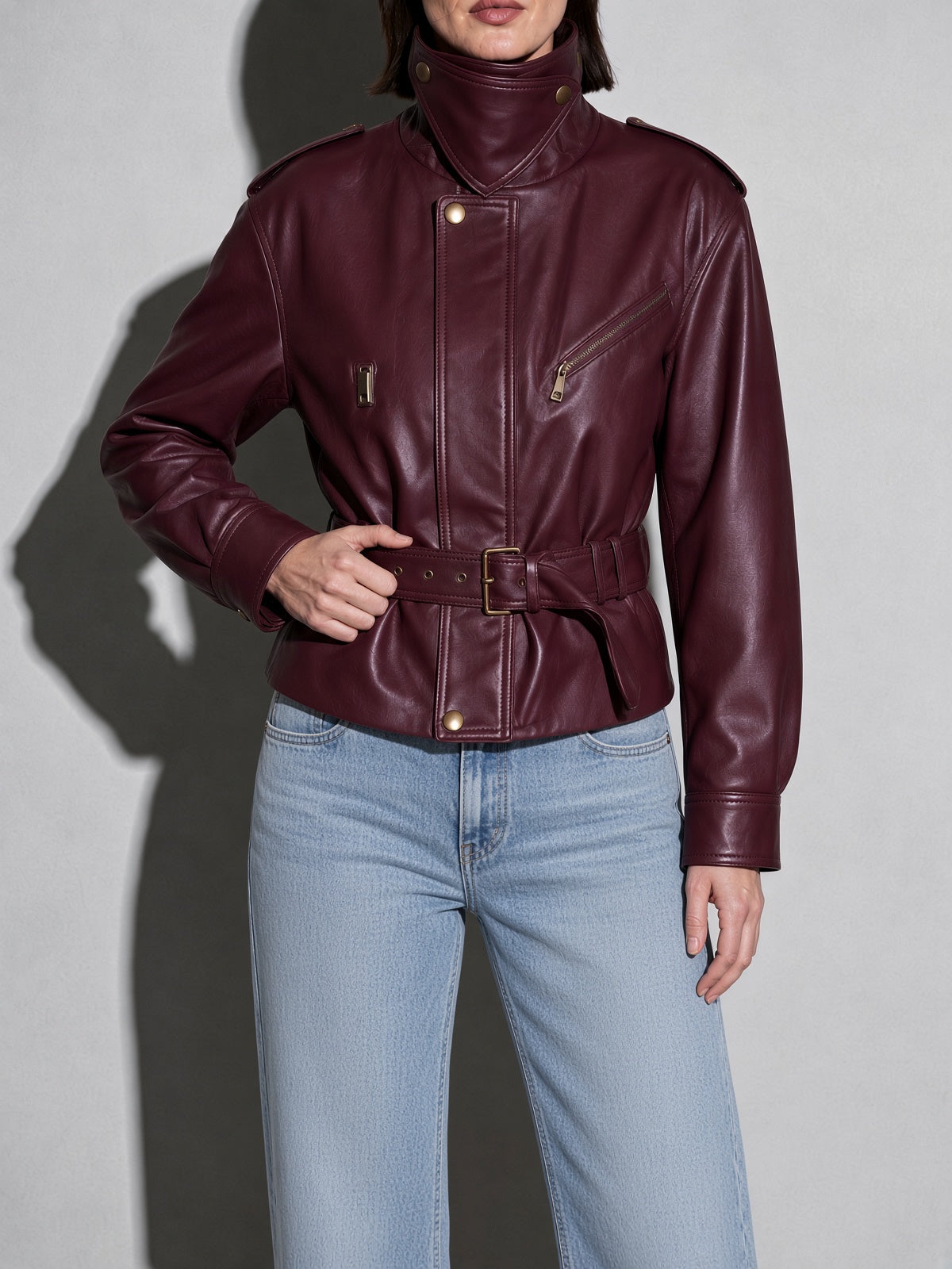 Women's Burgundy Faux Leather Belted Moto Jacket with High Funnel Neck