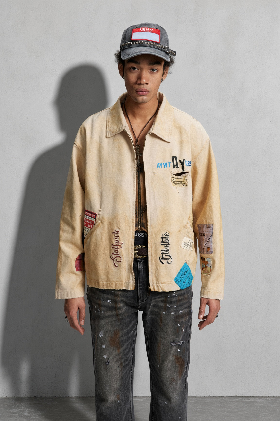 Unisex Vintage Washed Khaki Canvas Zip-Up Jacket with Graphic Patches & Embroidery