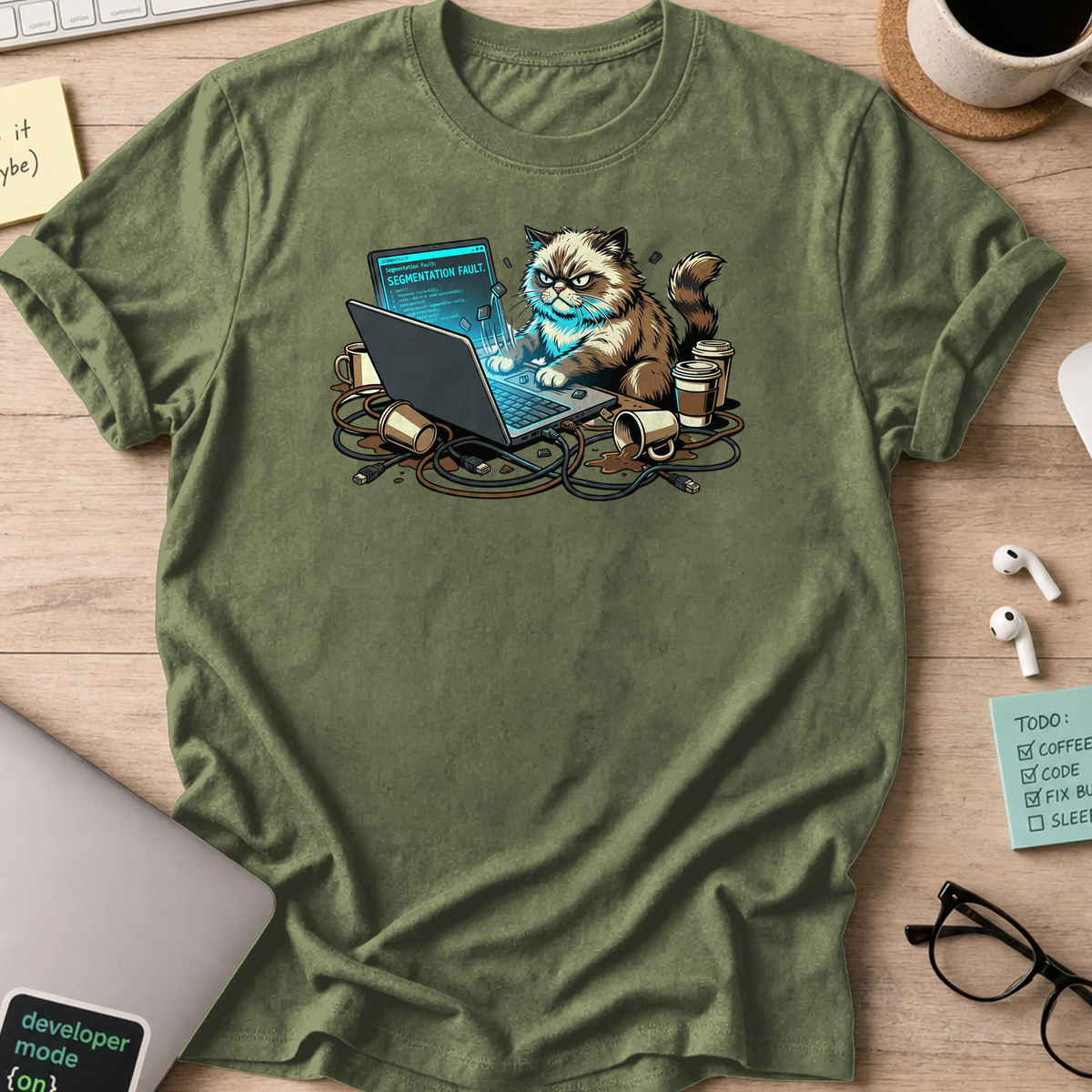 grumpy coder cat shirt - Military Green
