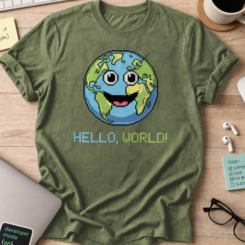 Military Green programmer shirt printed with "hello world earth", a funny developer t-shirt and coding gift for software engineers and coders.