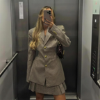 Houndstooth shoulder-pad blazer with gold buttons, notched lapels, long sleeves