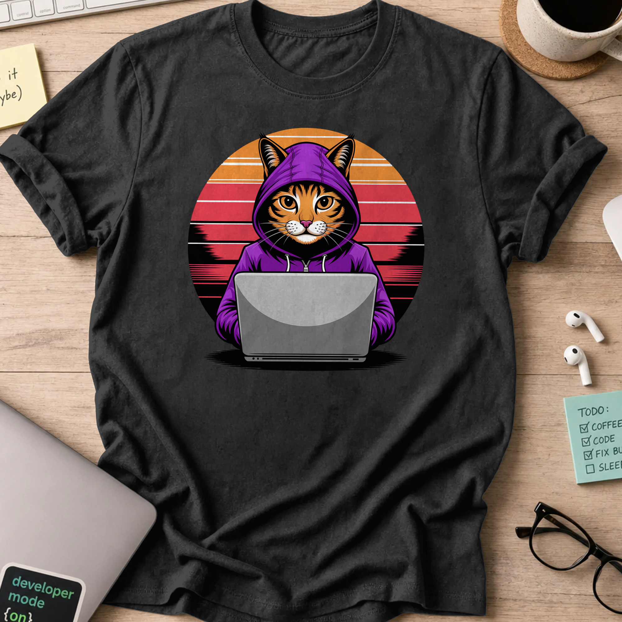Black programmer shirt printed with "Hooded cat retro" and a cat graphic, a funny developer t-shirt and coding gift for software engineers and coders.