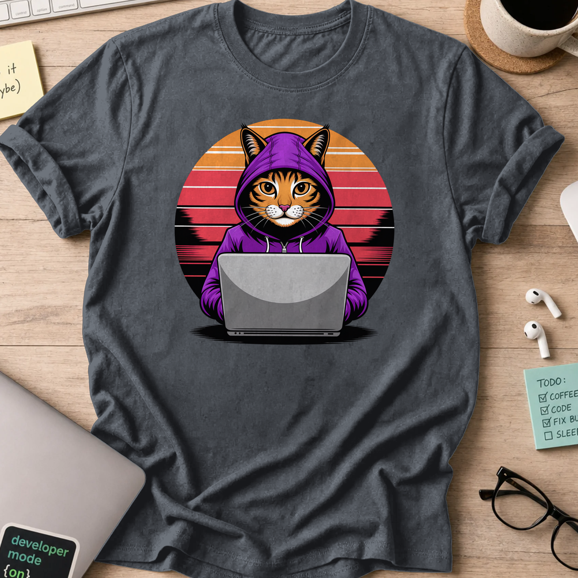 Dark Heather Grey programmer shirt printed with "Hooded cat retro" and a cat graphic, a funny developer t-shirt and gift for developers.