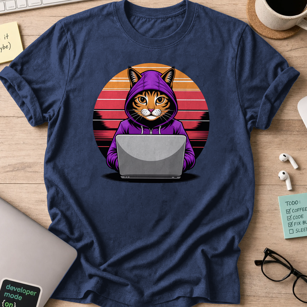 Navy programmer shirt printed with "Hooded cat retro" and a cat graphic, a funny developer t-shirt and coding gift for software engineers and coders.