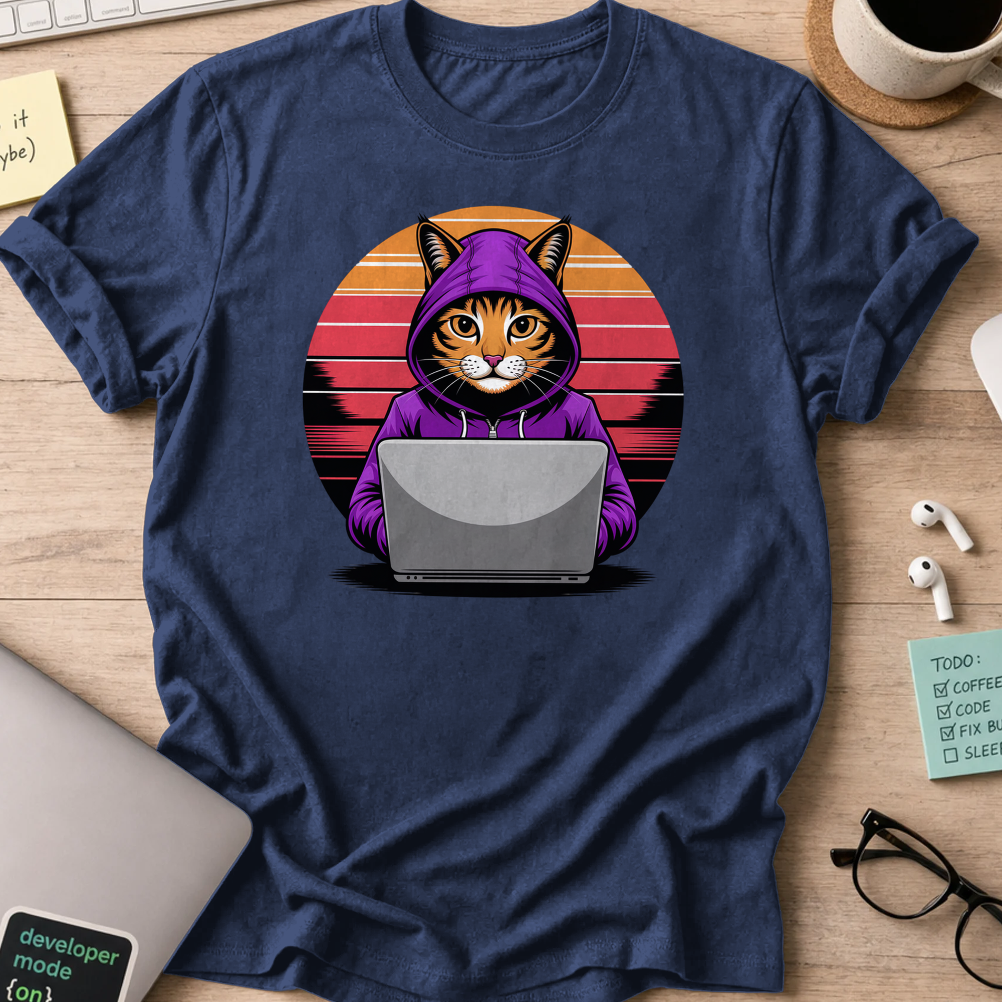 Navy programmer shirt printed with "Hooded cat retro" and a cat graphic, a funny developer t-shirt and coding gift for software engineers and coders.