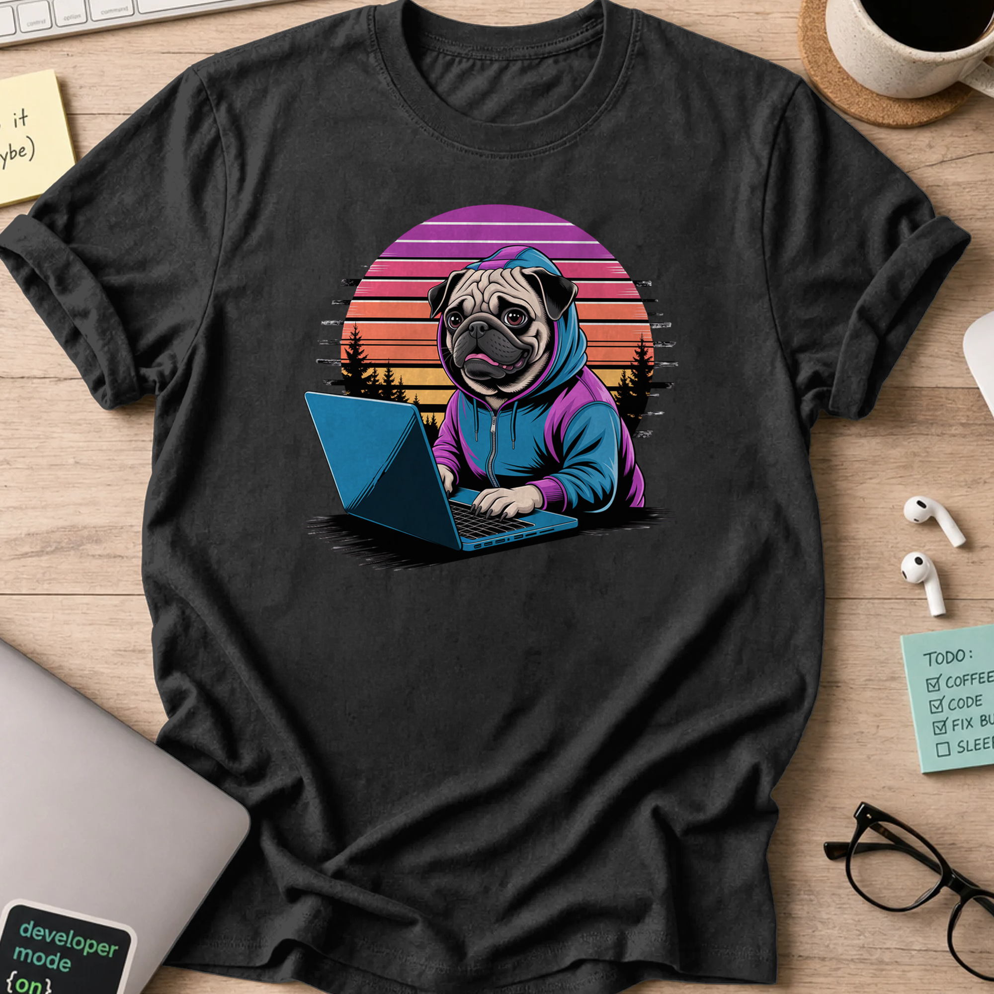 Black programmer shirt printed with "Hooded pug retro", a funny developer t-shirt and coding gift for software engineers and coders.