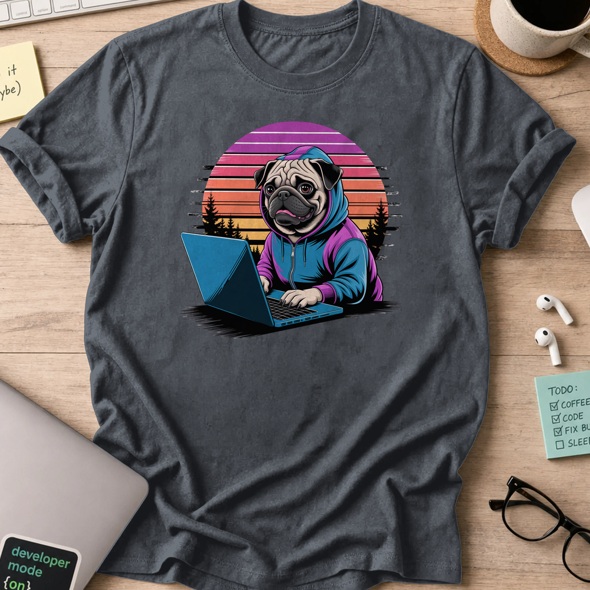 Dark Heather Grey programmer shirt printed with "Hooded pug retro", a funny developer t-shirt and coding gift for software engineers and coders.