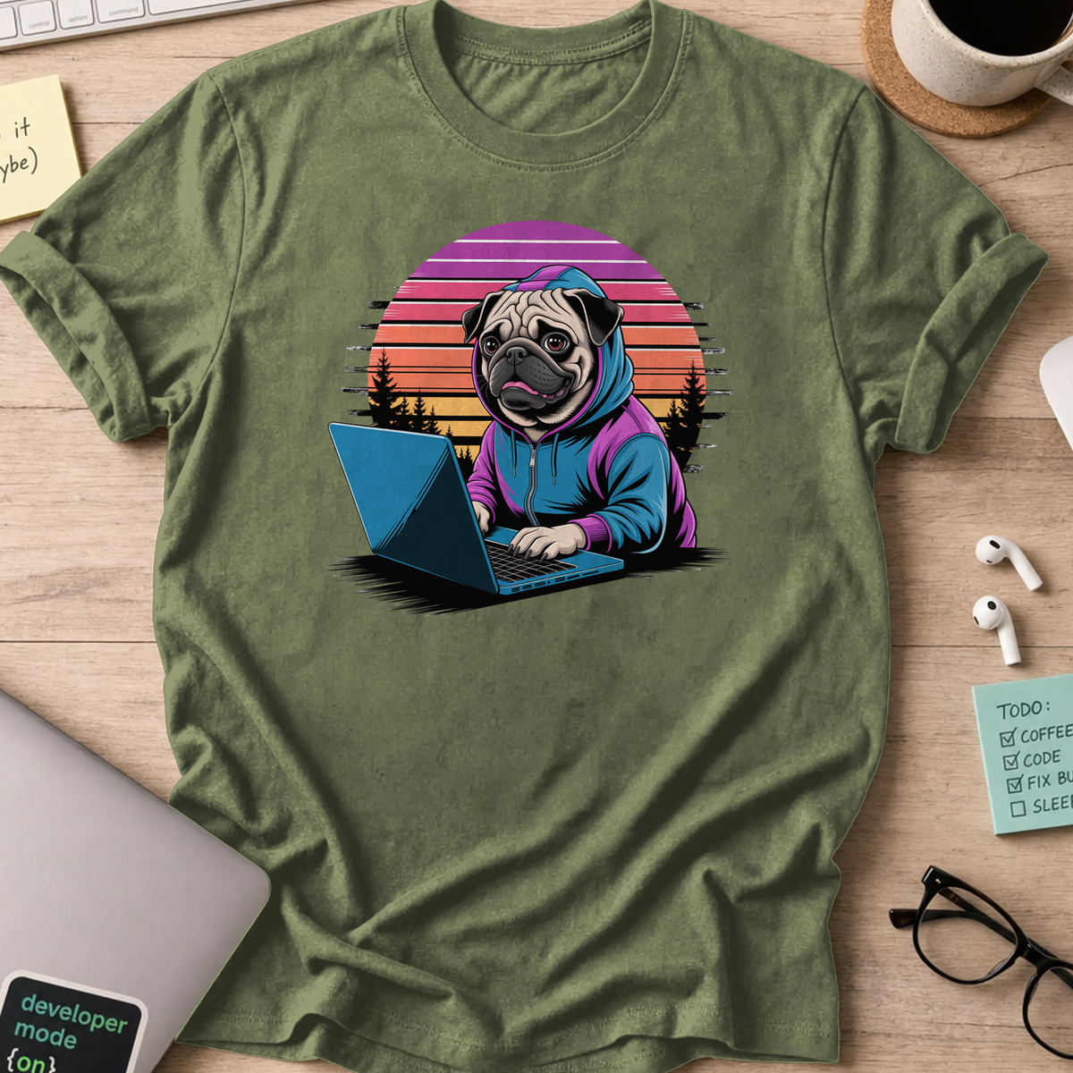 Military Green programmer shirt printed with "Hooded pug retro", a funny developer t-shirt and coding gift for software engineers and coders.