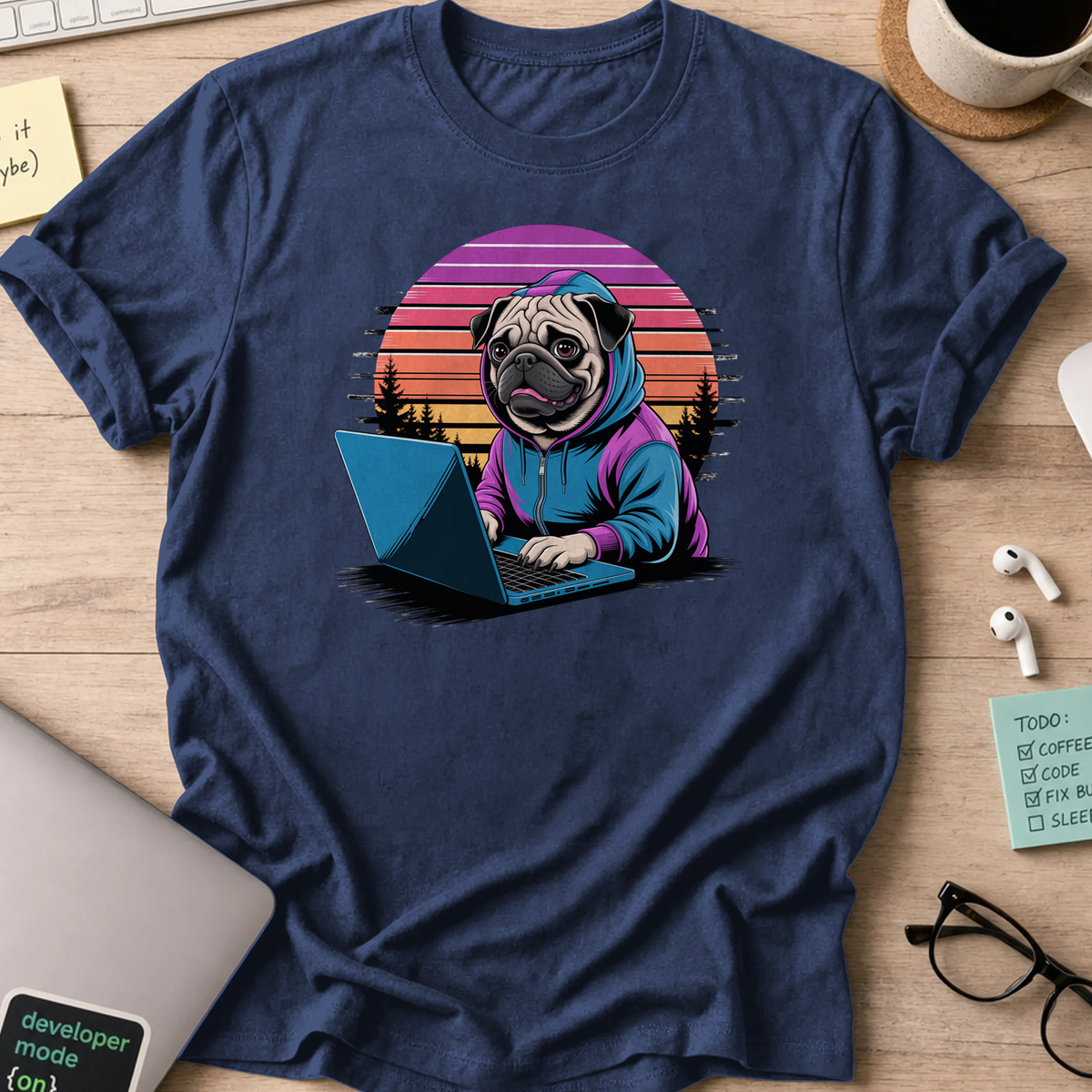 Navy programmer shirt printed with "Hooded pug retro", a funny developer t-shirt and coding gift for software engineers and coders.