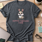 Dark Heather Grey programmer shirt printed with "Hoppin' through code", a funny developer t-shirt and coding gift for software engineers and coders.