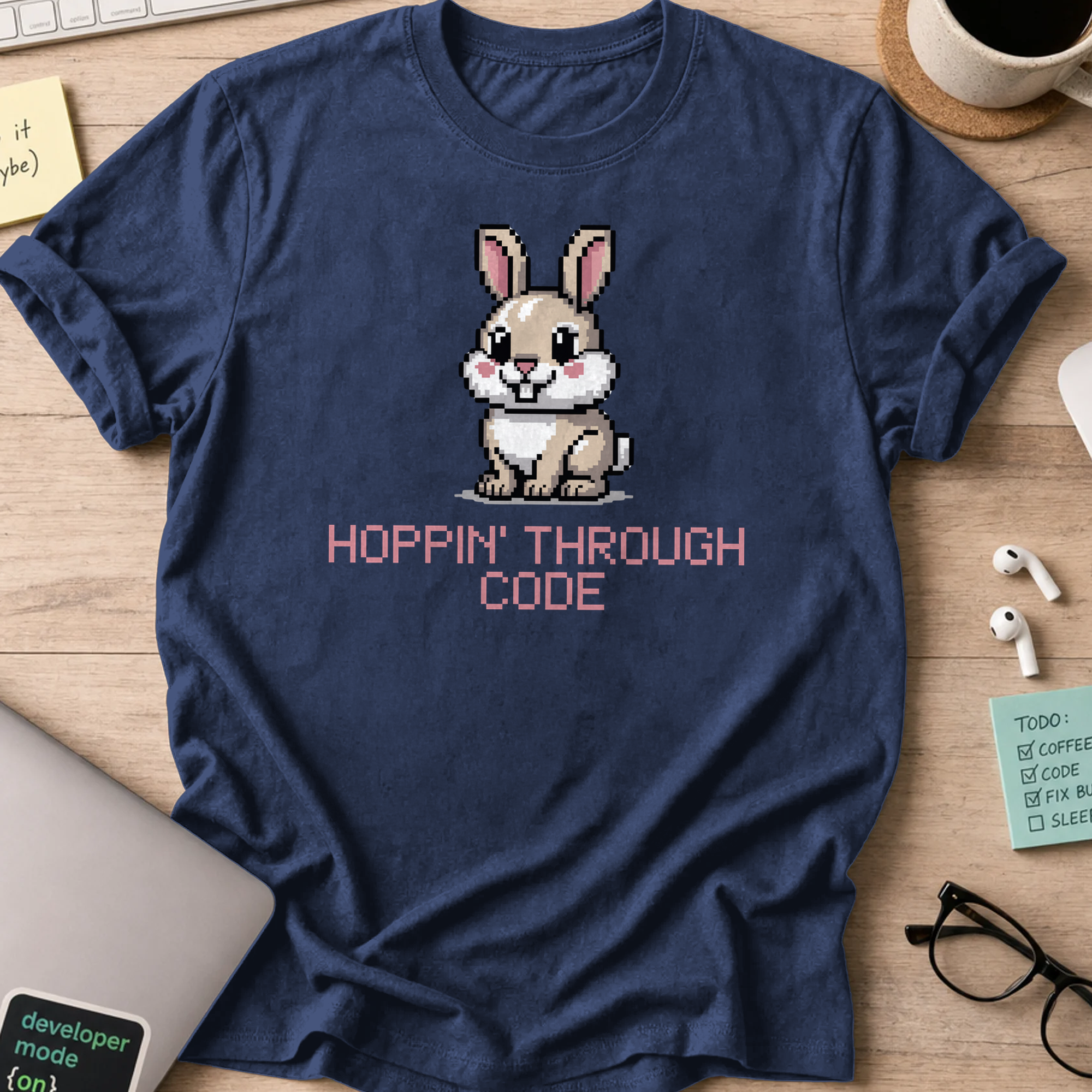 Navy programmer shirt printed with "Hoppin' through code", a funny developer t-shirt and coding gift for software engineers and coders.