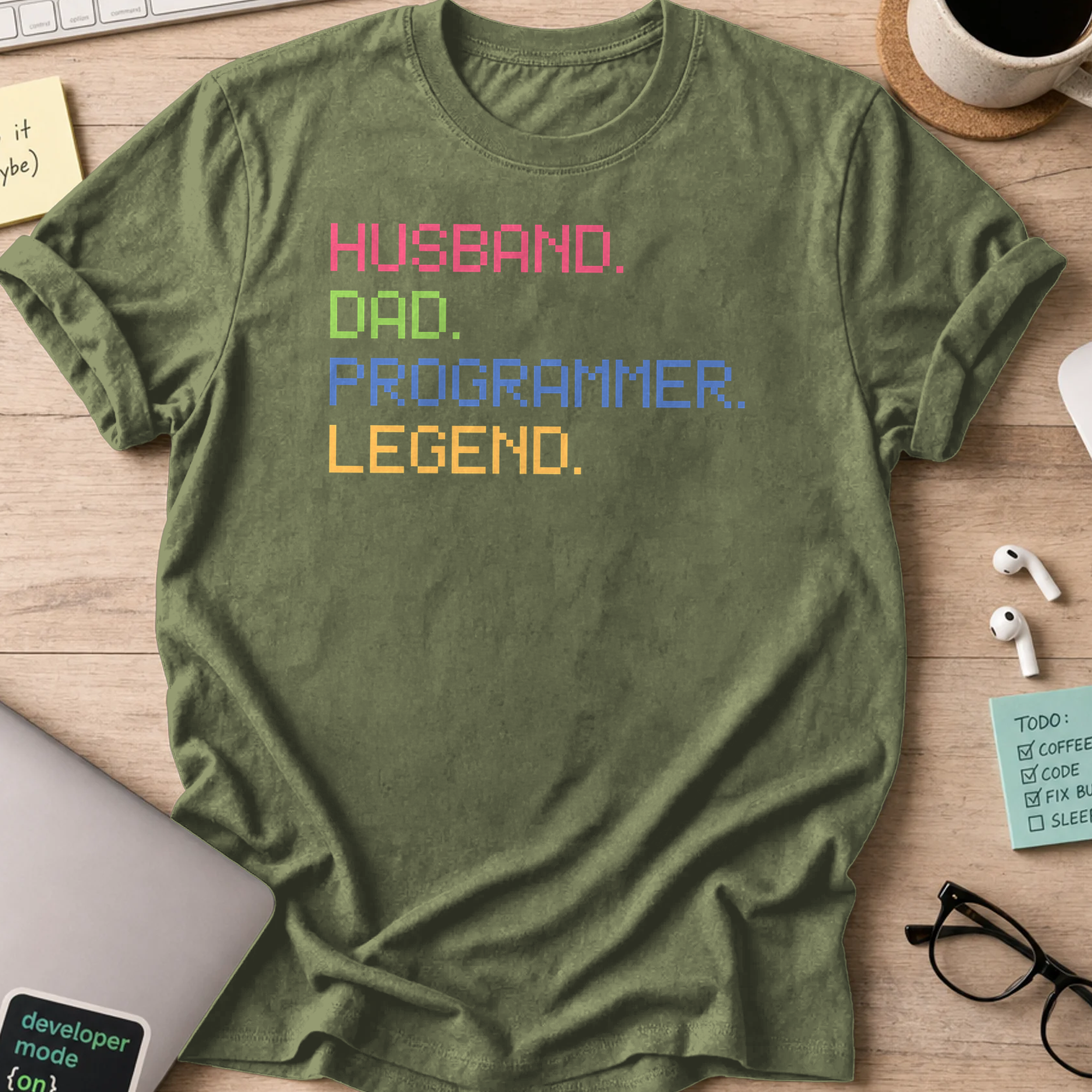 Military Green programmer shirt printed with "husband dad programmer legend", a funny developer t-shirt and gift for the programmer dad in your life.