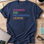 Navy programmer shirt printed with "husband dad programmer legend", a funny developer t-shirt and gift for the programmer dad in your life.