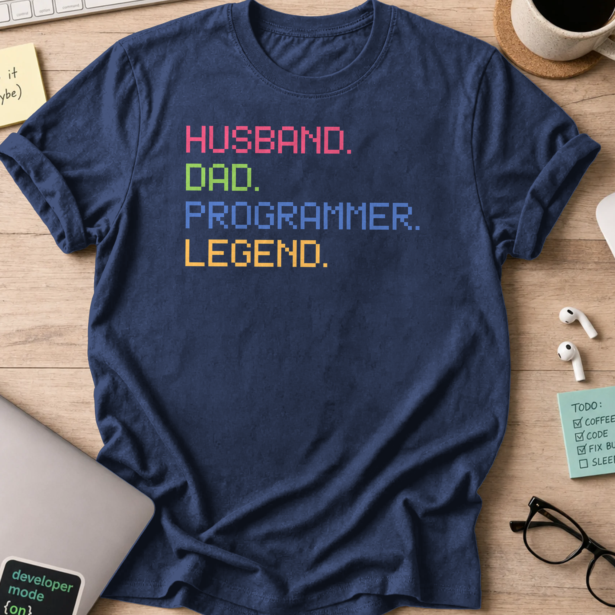 Navy programmer shirt printed with "husband dad programmer legend", a funny developer t-shirt and gift for the programmer dad in your life.
