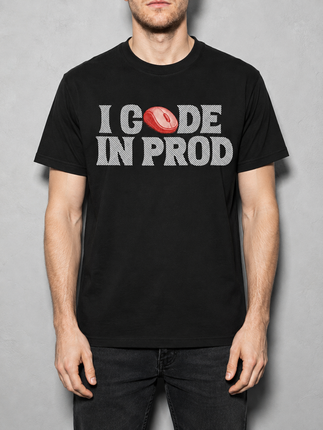 i code in prod text Graphic IT Nerd T-Shirt – Black detail
