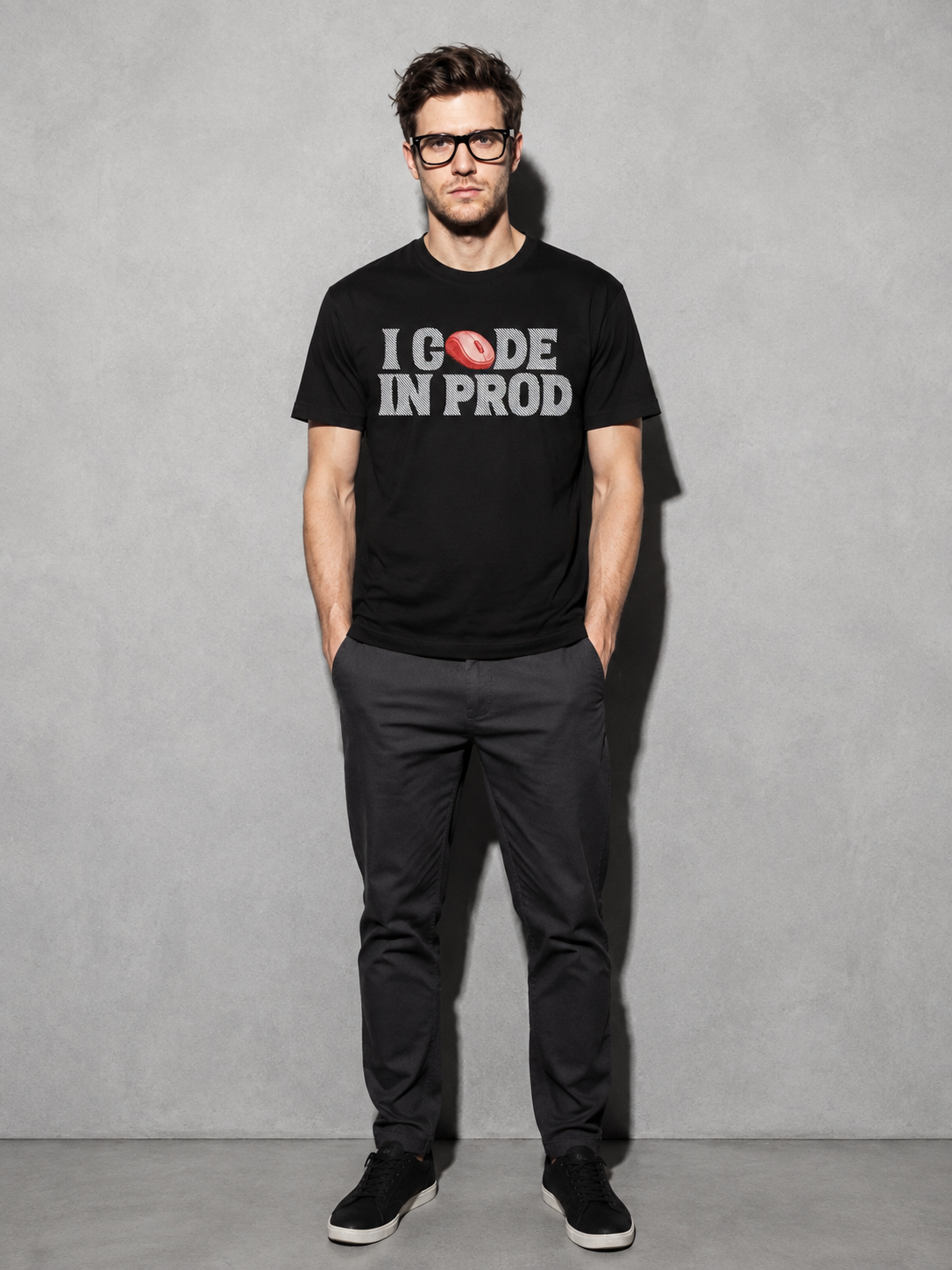 i code in prod text Graphic IT Nerd T-Shirt – Black full