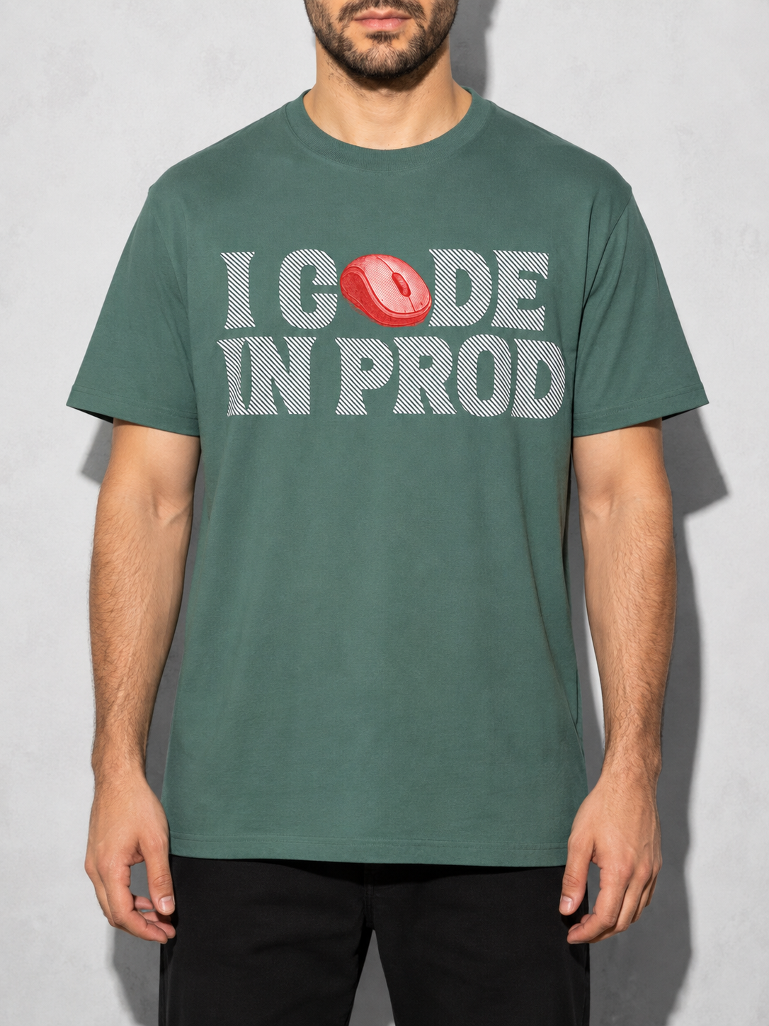 i code in prod text Graphic IT Nerd T-Shirt – Blue Spruce detail