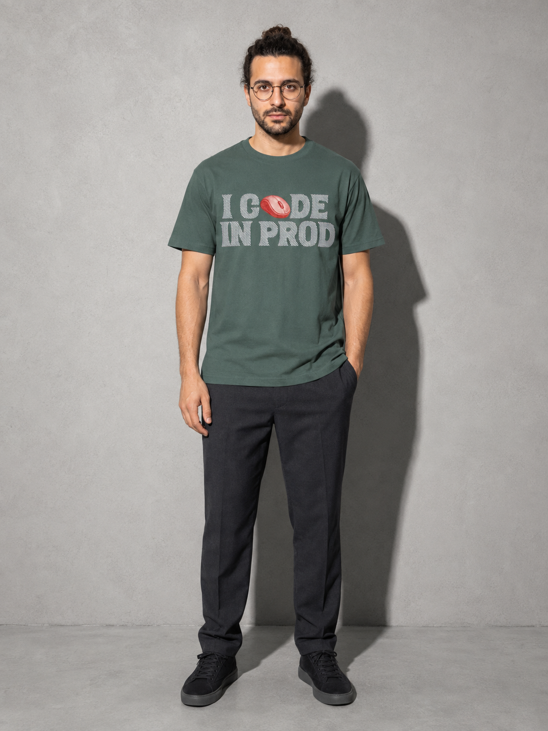 i code in prod text Graphic IT Nerd T-Shirt – Blue Spruce full